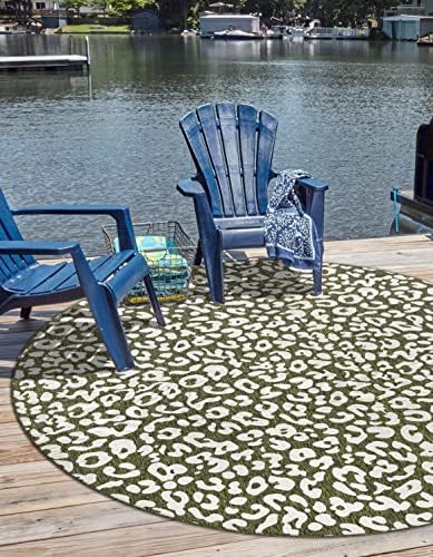 Unique Loom Outdoor Safari Collection Area Rug - Leopard (13' Round, Green/ Ivory) by UniqueLoom