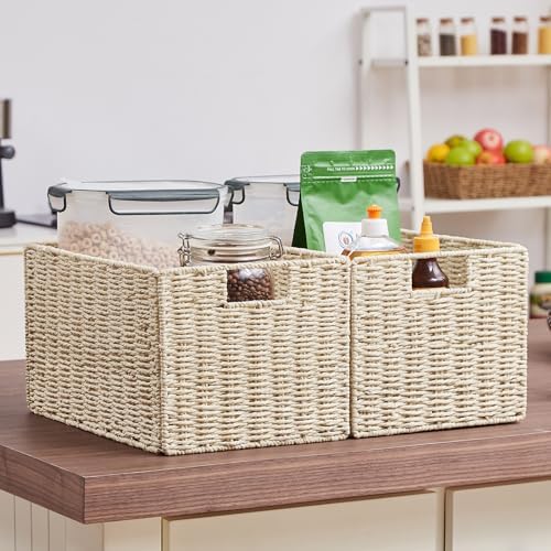 Vagusicc Wicker Storage Basket, Set of 2 Hand-Woven Paper Rope Wicker Basket, Small Storage Baskets for Organizing Toilet Paper Basket, Foldable Large Cube Storage Organizer Bins for Shelves (Beige) - Image 6