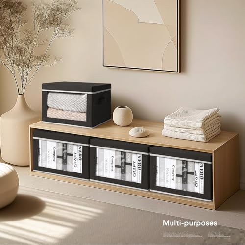 Homsorout Storage Boxes with Lids - 5 Pack Foldable Clear Window Storage Bins, Large Decorative Storage Bins with Handles, Storage Containers for Clothes, Towel, Blanket, Sheet, Black - Image 6