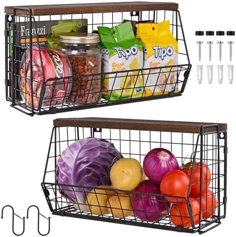 Wall Hanging Baskets 2 Pack Wooden Top Floating Wire Shelves (Extra Large) by LIGHTDUST