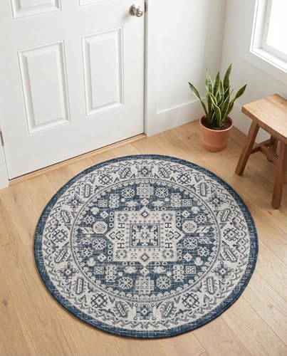 Rugs.com - Outdoor Aztec Rug – 3 Ft Round Blue Indoor/Outdoor Rug – Washable, Stain-Resistant for Patios, Decks, and Porches - Image 3