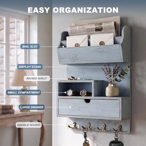 Rebee Vision Pine Wood Key Holder Wall Mount with Shelf & Drawer, Blue - Image 5