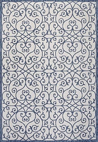 Eyely Filigree Textured Weave Area Rug 5X8 Blue/Cream, Indoor Outdoor Rug - Image 3