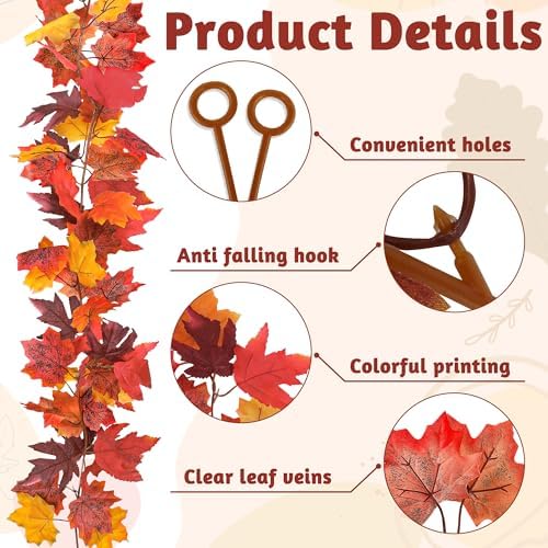 Helimoto 8 Pack Autumn Garland, 47.2 FT Hanging Vines Fall Garland, Artificial Maple Outdoor Autumn Leaves Garlands, Fall Decorations for Home and Thanksgiving Halloween Decor Wedding Mantle Fireplace - Image 3