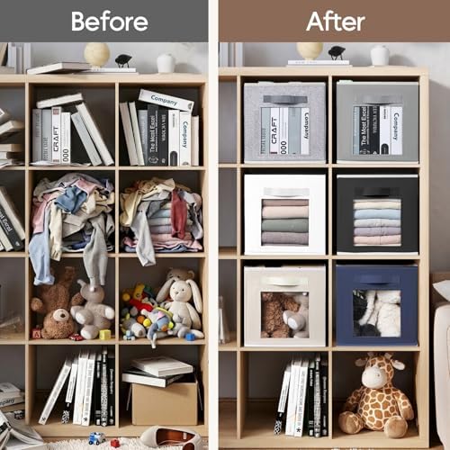 Homsorout Storage Cube 11 Inch - Cube Storage Bins with Window, Closet Storage Baskets with Handle, Fabric Bins for Closet, Shelves, Toys, Clothes, Set of 12, Navy Blue - Image 6