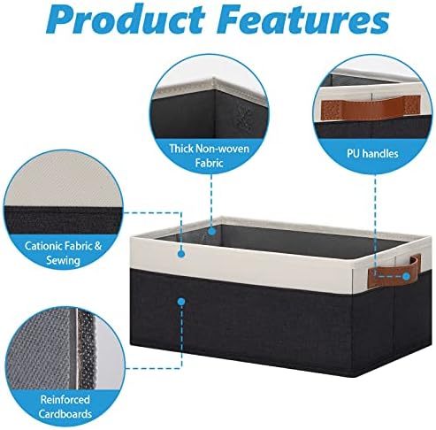 GhvyenntteS Storage Baskets for Shelves 12 Pack, Fabric Storage Bins with Leather Handles, Foldable Rectangular Storage Baskets for Organizing Home, Office (Black/White, 11.8" x 7.87" x 5.11") - Image 3