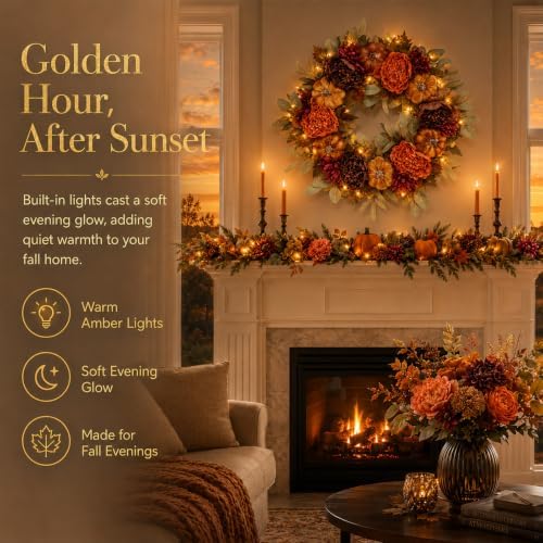 26 Inch Fall Wreaths for Front Door, Velvet Pumpkin Wreath - Image 4