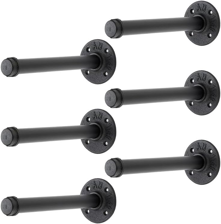 8 Inch Black Industrial Pipe Floating Clothing Rack Wall Mounted, 6 Pack by HomeExpert