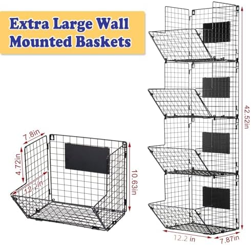X-cosrack Metal Wire Basket Wall Mount, 4 Tier Extra Large Wall Storage Basket Organizer with Chalkboards, Kitchen Fruits and Vegetables Produce Bin Rack Toys Organizer Bathroom Tower Baskets (Black) - Image 5