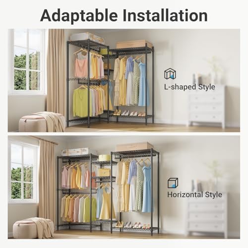 VIPEK L6 Heavy Duty Clothes Rack L Shape Clothing Rack 5-Tier Wire Garment Rack Freestanding Closet with 7 Adjustable Shelves & 4 Hanging Rods, 42.1" L x 42.1" W x 76.4" H, Max Load 850LBS, Black - Image 3