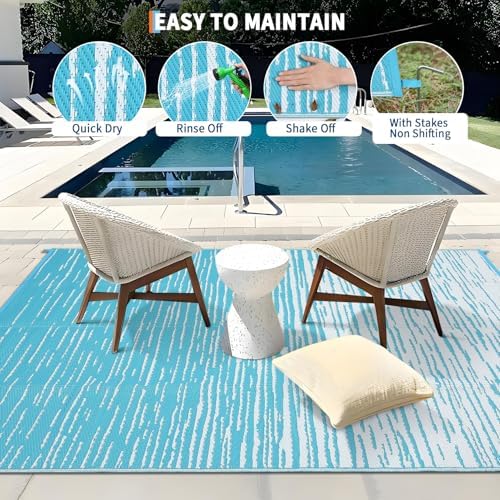 Outdoor Rug 6x9 Waterproof Patio Rugs Abstarct Line Reversible Mat for Front Door Rv Foldable Plastic Straw Carpet for Travel Trailers, Deck, Picnic, Porch, Camper, Balcony, Beach，Light Blue - Image 6