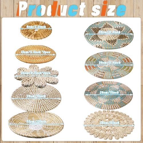 11 Pcs Boho Hanging Wall Basket Decor Handmade Woven Basket Wall Decorative Boho Wicker Baskets Placemats Round Farmhouse Bulrush Art for Rustic Home Decorations Christmas Gift(Bright) - Image 3
