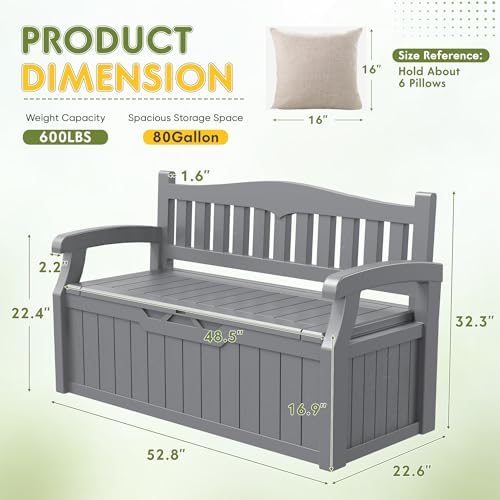 Greesum 80 Gallon Storage Bench Outdoor Deck Box with Armrest, Grey - Image 3