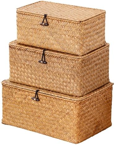 Nonam Wicker Storage Basket with Lid,Seagrass Shelf Basket Set of 3,Nautral by Home