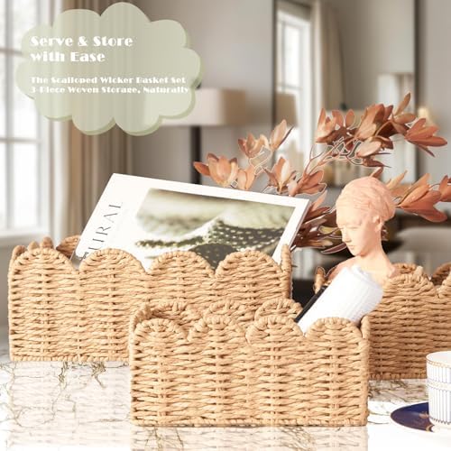 Scalloped Wicker Baskets Set of 3, Hand-Woven Storage with Handles - Image 2