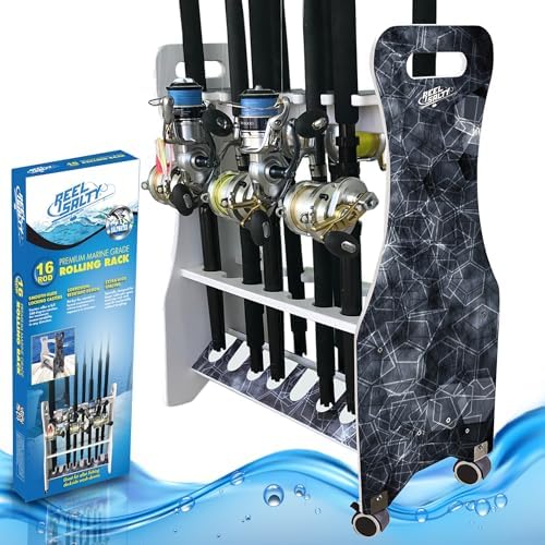 Rush Creek Creations Reel Salty Offshore and Inshore Waterproof Marine Grade 16 Rolling Fishing Rod Holder Dock/Garage Storage Rack, Gray/White, 29.8" L x 11.6" W x 30.9" H by RushCreekCreations