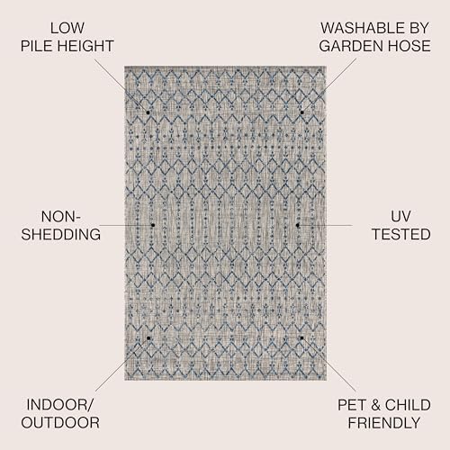 Eyely Moroccan Woven Round Rug 5 Ft Light Gray/Navy, Indoor Outdoor Rug - Image 4