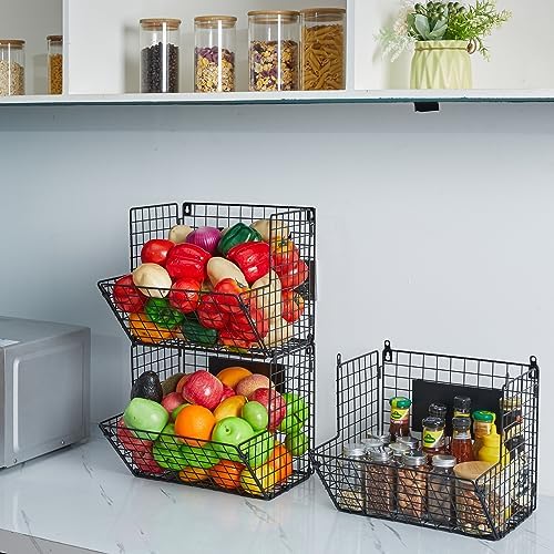 X-cosrack Metal Wire Basket Wall Mount, 3 Tier Wall Storage Basket Organizer with Hanging Hooks Chalkboards, Rustic Kitchen Fruit Produce Bin Rack Bathroom Tower Baskets (Black) - Image 6