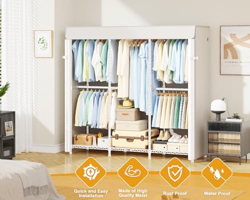 ULIFHOME E14C Heavy Duty Closet Organizer System，Freestanding Clothing Racks for Hanging Clothes，Adjustable Garment Rack 58" W × 16" D × 77" H Hold 860 lbs，White Rack with White Cover - Image 4