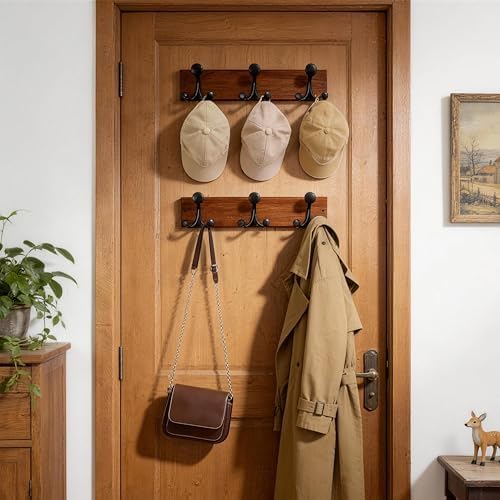 WEBI Coat Rack Wall Mount,17" Solid Wood Coat Hooks Wall Mounted Coat Hanger,16" Hole to Hole,Heavy Duty 3 Triple Hooks for Hanging Coats,Jacket,Hat,Backpack,Farmhouse,Reddish Brown,2 Packs - Image 4