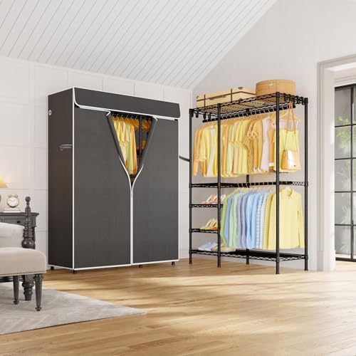ULIFHOME F2C Clothes Rack with Cover, Black Closet with Dark Gray Cover - Image 6