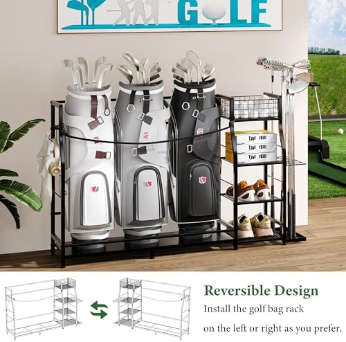 Golf Bag Stand for Golf Bag Accessories, Golf Bag Storage Organizer Fits 3 Bags for Garage Organization, Golf Organizer with Extra Storage Rack for Golf Clubs & Golf Essentials, Golf Gifts for Men - Image 5