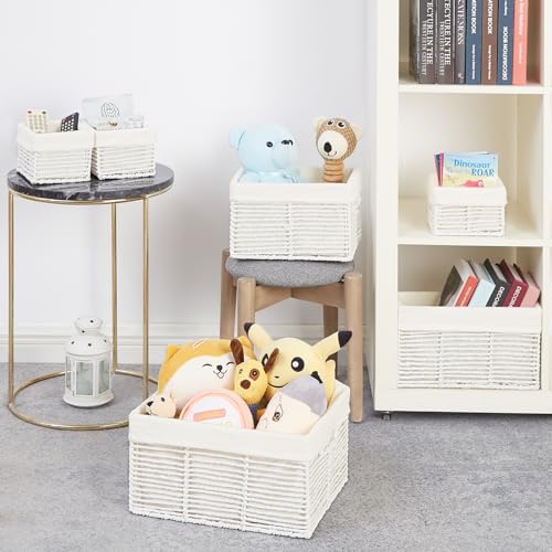 Vagusicc Wicker Storage Basket, 6 Pack Baskets for Organizing, Wicker Baskets with Handle, Rectangular Wicke Basket for Storage Shelves, Cube Storage Bins for Closet/Clothes/Dresser, White - Image 6