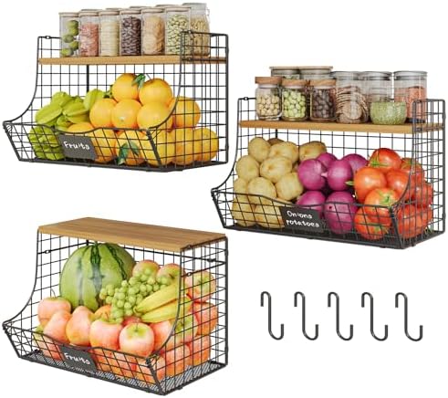 3 Pack Extra Large Fruit Basket for Kitchen with Wood Lid Nameplate - Counter&Wall Mounted Onion and Potato Storage Bin, Stackable Metal Hanging Wire Baskets,15.74 * 8.66 * 10.63 inch by Jautokerdar