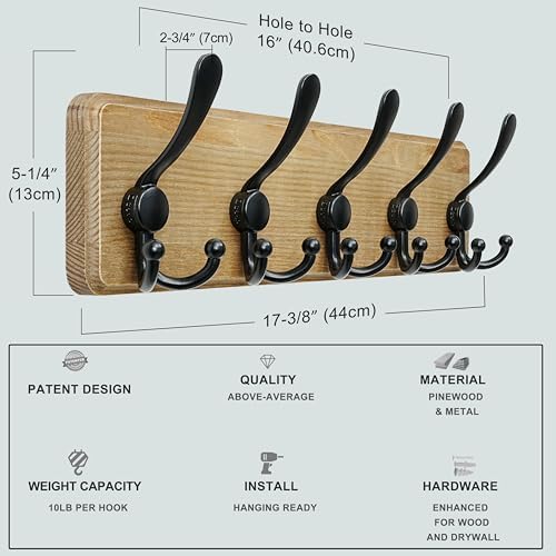 Dseap Coat Rack Wall Mount - Heavy-Duty Robust Barnwood-Style Wooden Wall Coat Hanger Hook Rail with 5 Triple Hooks for Winter Coats Hat Jacket Clothing, Weathered Brown & Black, Pack of 2 - Image 6