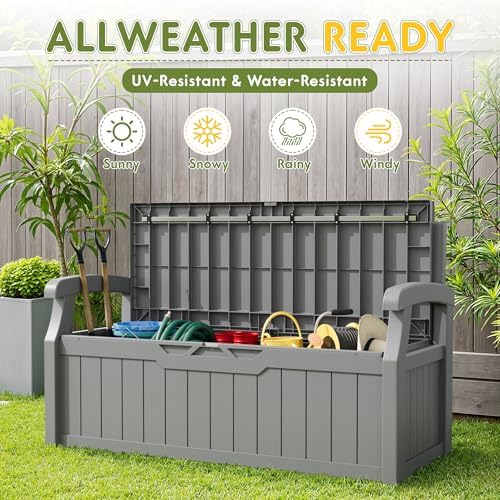 Greesum 80 Gallon Storage Bench Outdoor Deck Box with Armrest, Grey - Image 6