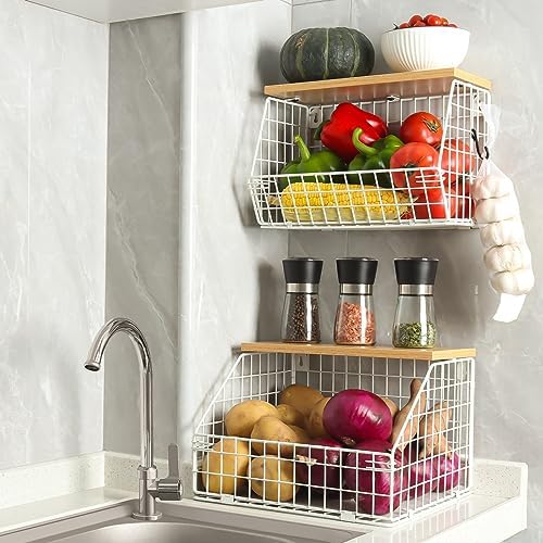 Mefirt White Fruit Bowl, 2-Tier Fruit Basket for Kitchen Counter, Stackable Wall Mounted Veggie Storage, Snack Organizer, Potato and Onion Storage Basket, Hanging Pantry Organizer with Wood Lid, 2 Set - Image 3