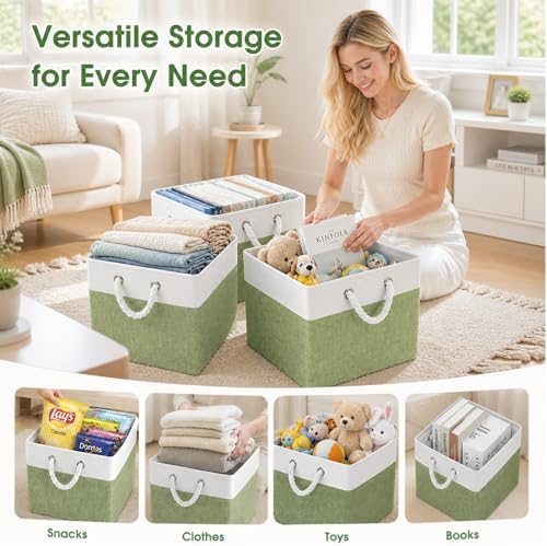 Fabric Storage Cubes 13 x 13, Collapsible Storage Bins for Shelf Baskets, Cube Storage Organizer White Green Bins with Cotton Handles, Foldable Storage Bin box, Cube Storage Bin 6 Pack - Image 2