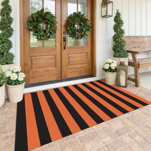 KOZYFLY Striped Rug 4x6 ft Orange and Black Halloween Fall Front Door Rugs by KOZYFLY
