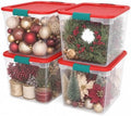 HOMZ Holiday Tote Plastic Storage Bin with Lid, 31 Qt, Clear/Red, 4 Pack by Homz