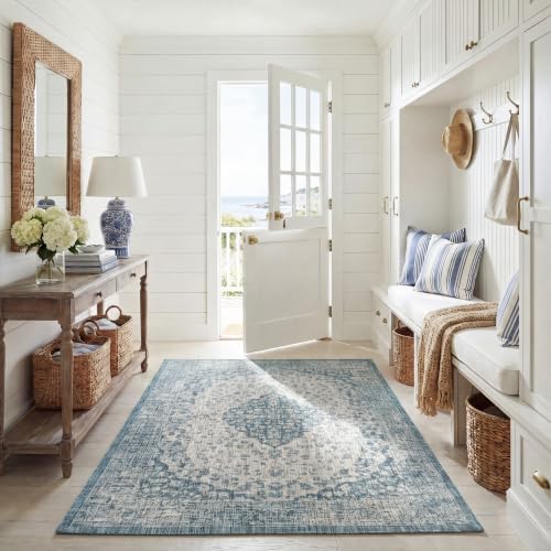 SAFAVIEH Courtyard Collection CY8720 Indoor/ Outdoor Non-Shedding Easy Patio Backyard Porch Deck Mudroom Area, 5'3" x 7'7", Teal / Cream by Unknown