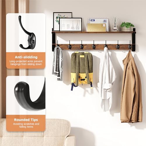 Oraich Wall Hooks with Shelf, 28.7 Inch Coat Rack Wall Mount with Hook for Coat Backpack Key Clothes Hanger, Wall Floating Shelf Hanging in Entryway, Living Room, Bathroom, Bedroom, Kitchen - Image 4