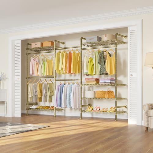 Timate F3 Garment Rack Heavy Duty Clothes Rack for Hanging Clothes, Expandable Industrial Pipe Wall Mounted Clothing Rack, Adjustable Storage Wardrobe Closets Kit Walk in Closet Systems, Gold - Image 2