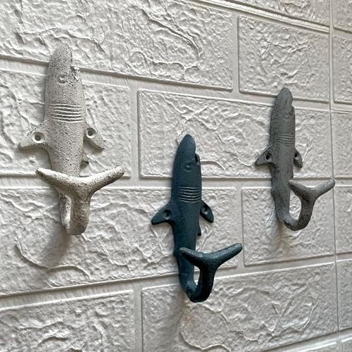Zeckos Set of 3 Shark Wall Hooks, 5.25 Inch Blue Gray White Cast Iron - Image 4