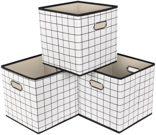 Fabric Cubby Storage Bins,13x13x13 Inches,Cube Organizer Bin Foldable Storage Boxes with Dual Handles Fabric Organizer Box and collapsible Storage basket,Set of 3,White grid by Yunkeeper