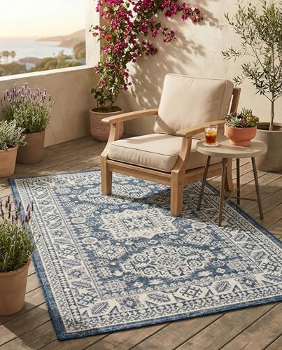 Rugs.com - Outdoor Aztec Rug – 3' 1 x 5' 3 Blue Indoor/Outdoor Rug – Flatweave Stain-Resistant Area Rug for Patios, Decks, and Porches by Rugscom