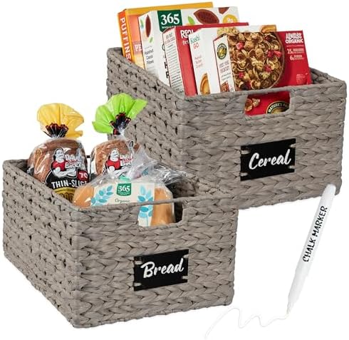 Best Choice Products Pantry Baskets Set of 2 16x12in Water Hyacinth Storage Baskets, Woven Wicker Kitchen Organizers with handles w/Chalkboard Label Chalk Marker - Gray by BestChoiceProducts