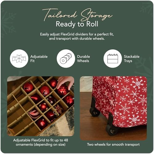 Covermates Keepsakes Rolling Adjustable Ornament Storage Bag – Heavy-Duty Polyester, FlexGrid Trays & Padded Dividers – Protective Holiday Organizer with Wheels, Handles & ID Window, Red Snowflake - Image 5