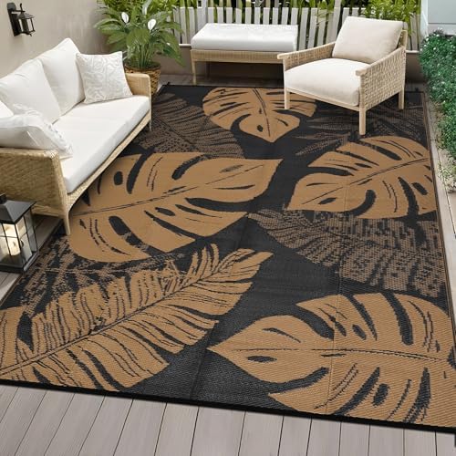 COZYLOOM Waterproof Outdoor Rug 9x12, Reversible Plastic Straw Rug Patio Camping Rug, Indoor Outdoor RV Mat Carpet for Deck, Camper, Porch, Balcony, Backyard, Picnic, Tropical Leaf Patio Carpet by COZYLOOM