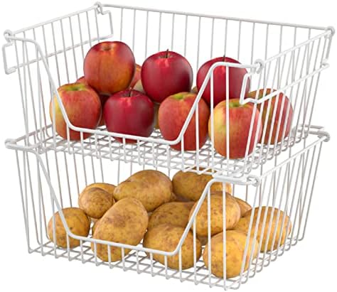 Slideep 14'' Large Metal Wire Storage Organizer Bin Basket Farmhouse Decor Stackable Storage Organizer for Pantry Home Bathroom Kitchen Organization White - 6 Pack - Image 3