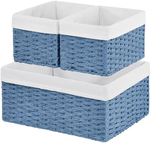 Vagusicc Wicker Basket, Set of 3 Hand-woven Storage Baskets for Organizing, Rectangle Wicker Storage Basket Bins with Handles, Small Toilet Paper Storage Baskets for Shelves & Decor, Blue by Vagusicc