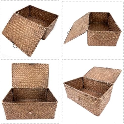 2-Pack Wicker Storage Baskets with Lid, Coffee Large & X-Large Rectangular Sea Grass Baskets - Image 5