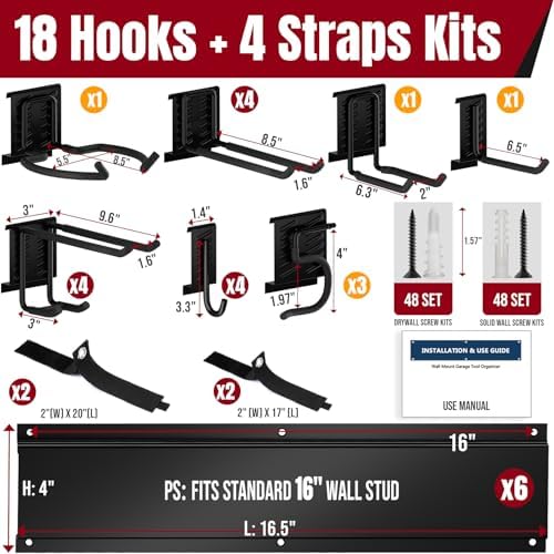 99" Garage Tool Organizer Wall Mount, 28 Pack Heavy Duty Wall Mount Garage Storage Rack Carries1000 lbs, Metal Wall Mount Tool Hanger for Shovels, Rakes, Fits 16" Wall Studs (6 Panels) - Image 3