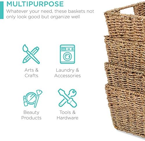 Best Choice Products Rustic Set Of 4 Multipurpose Stackable Seagrass Storage Basket, Handwoven Laundry Organizer Totes for Bedroom and Living Room, Shelves, Pantry w/Insert Handles - Natural - Image 3
