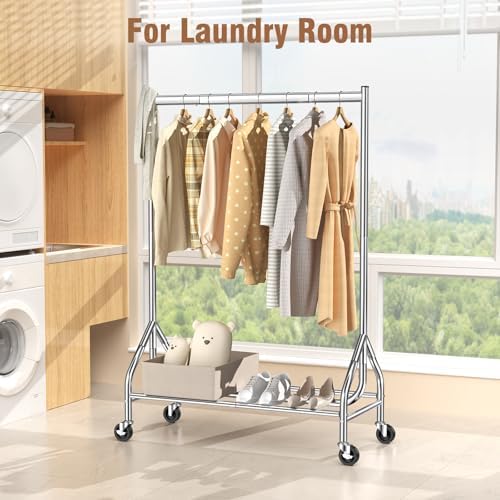 EAGMAK Heavy Duty Clothes Rack Load 420 LBS, Rolling Garment Rack with Lockable Wheels, Standing Metal Clothing Rack with Shelves, Portable Wardrobe Sturdy Coat Rack for Hanging Clothes (Silver) - Image 6