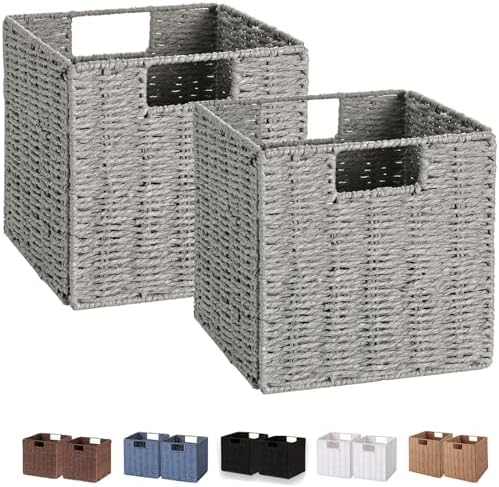 Vagusicc Wicker Basket, Set of 2 Hand-Woven Wicker Storage Basket, Foldable 11 inch Cube Storage Bins, Storage Baskets for Organizing Shelves, Closet Organizers and Storage Bins, Gray (11″×11″×11″) by Vagusicc